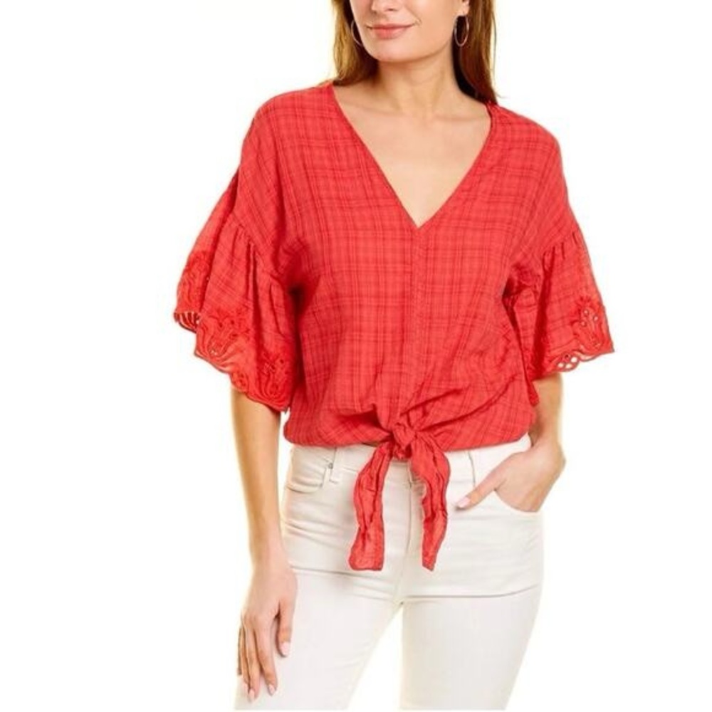 NWT Boho Red Embroidered Eyelet Flutter Tie Waist Top